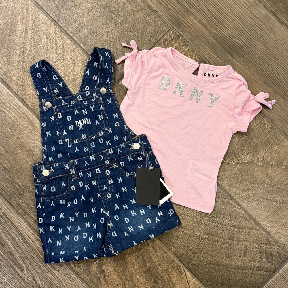NWT DKNY Baby Girl Denim Shortall Set Pink 24M 2-Piece Outfit